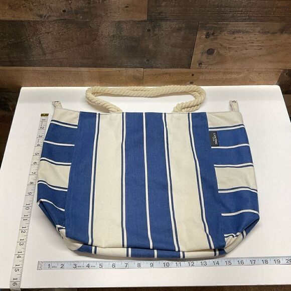 Lancome Tote Bag Canvas Soft Rope Handles Blue White Block Color Snap Closure - Picture 4 of 11